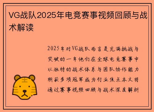 VG战队2025年电竞赛事视频回顾与战术解读