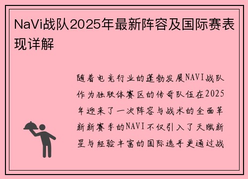 NaVi战队2025年最新阵容及国际赛表现详解